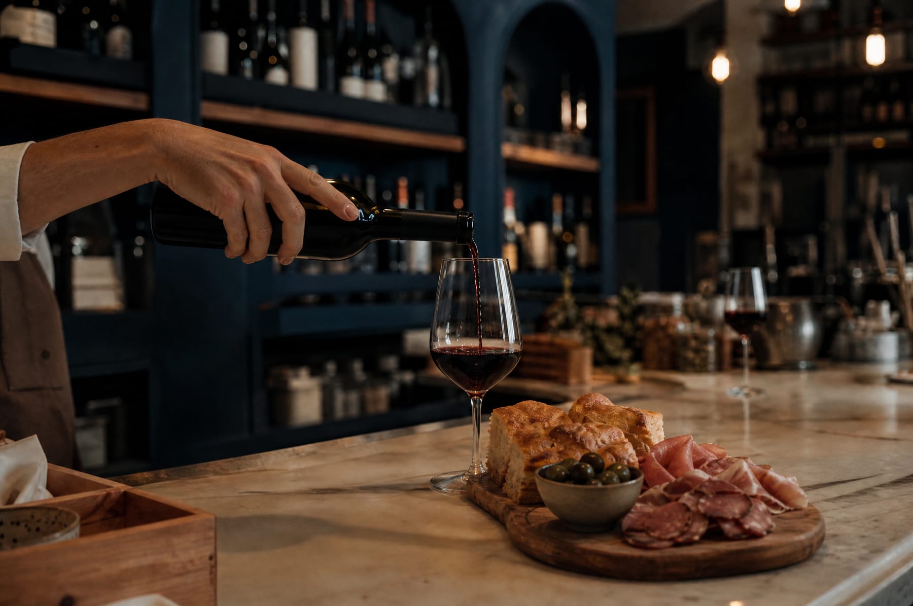 Un verre de vin rouge versé au comptoir de marbre, une planche de focaccia et de charcuterie.